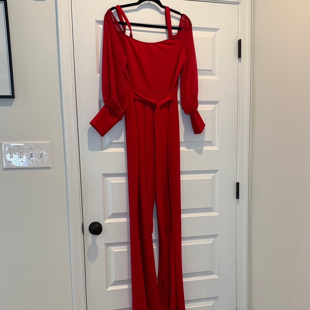 Red Cold-Shoulder Jumpsuit - Picture 3 of 3